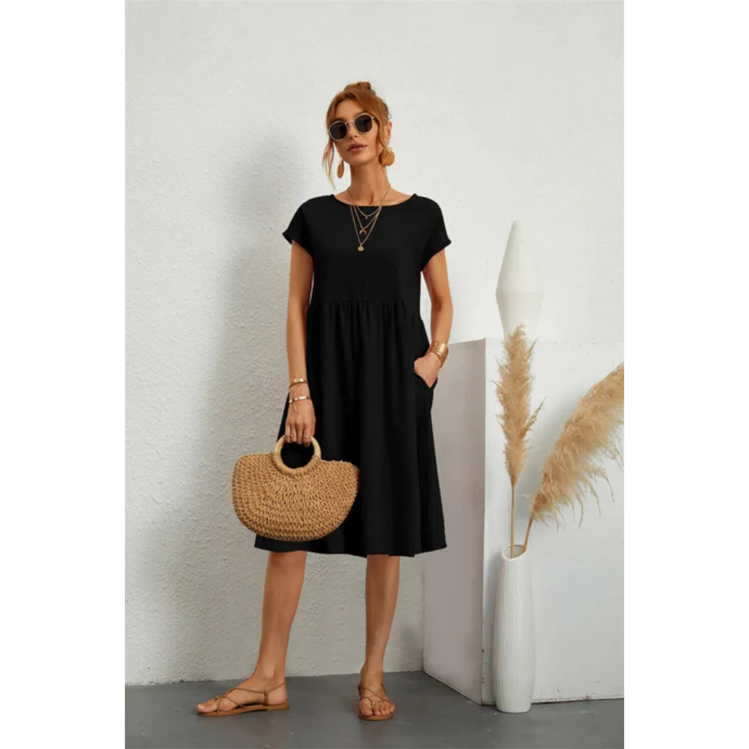 Women's Round Neck Short Sleeve Summer Midi Dress | with Pockets