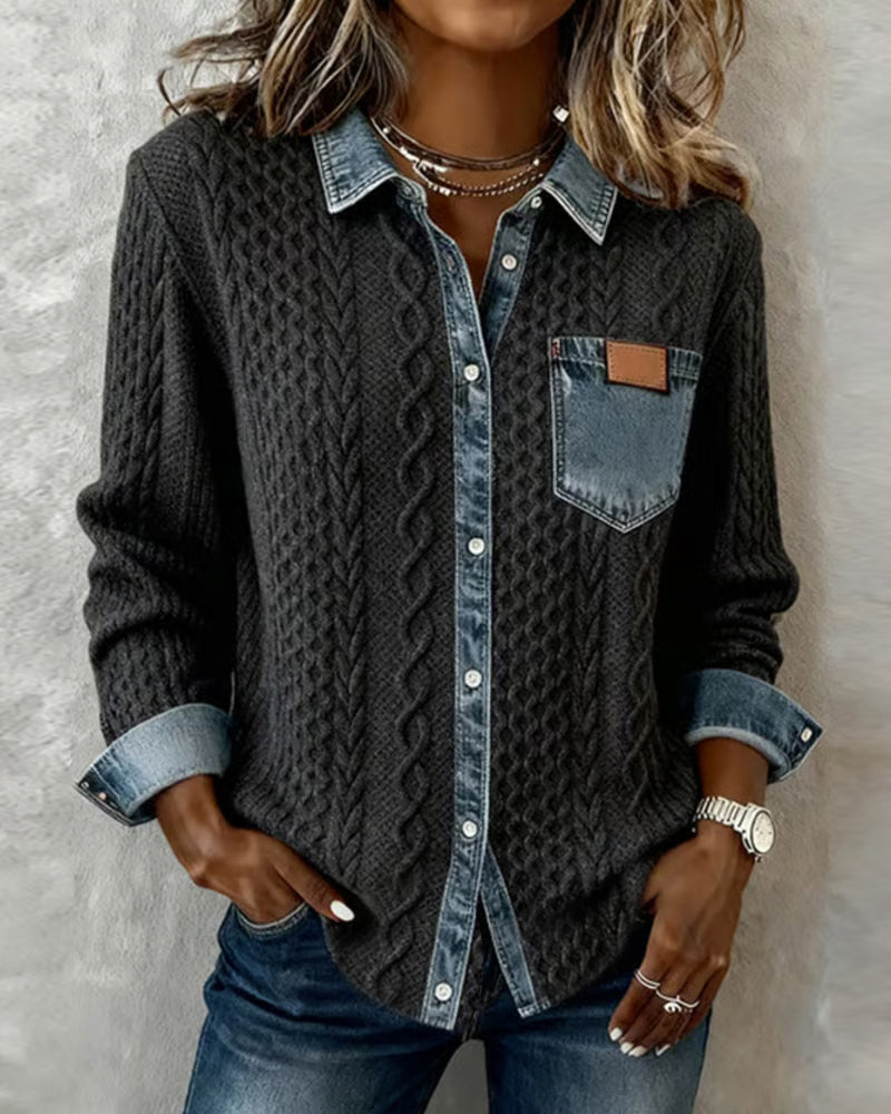 Harper - Chic Knitted Shirt with Denim Details