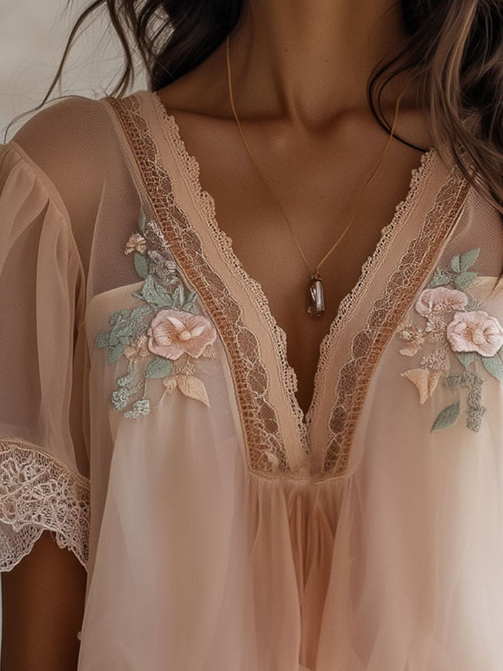 Boho Delicate Floral Embroidered Chiffon Blouse