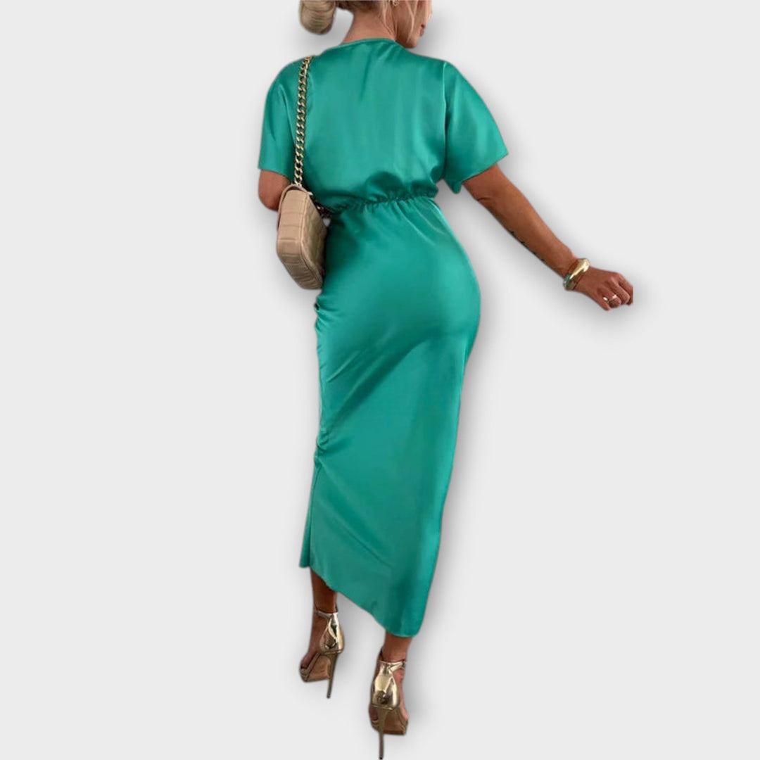 Solid Satin V-Neck Cross Knot Slim Fit Maxi Dress