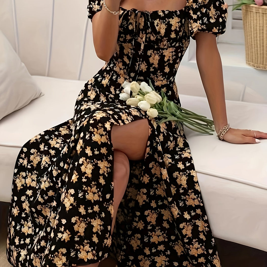 Women's Square Neck Floral Printed High Slit Dress