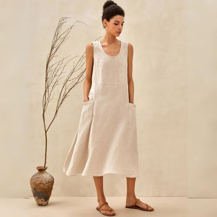 Women's Round Neck Sleeveless Summer Midi Dress | With Pockets