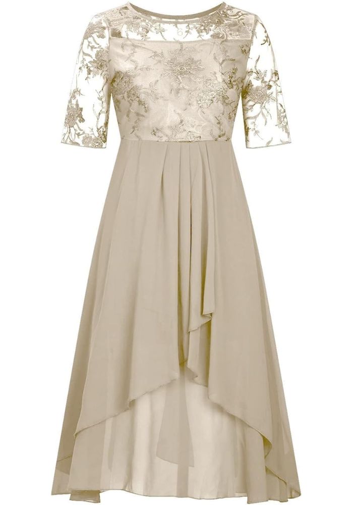 Women's Short Sleeve Layered Round Neck Wedding Guest Dress | Midi