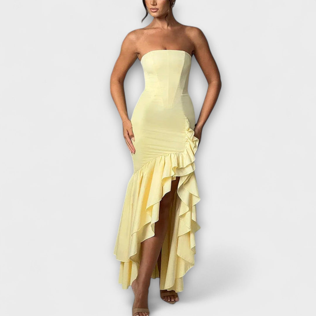 Off-Shoulder Slim Fit Maxi Dress with Asymmetrical Hem