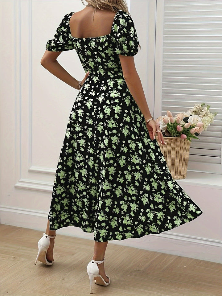 Women's Square Neck Floral Printed High Slit Dress