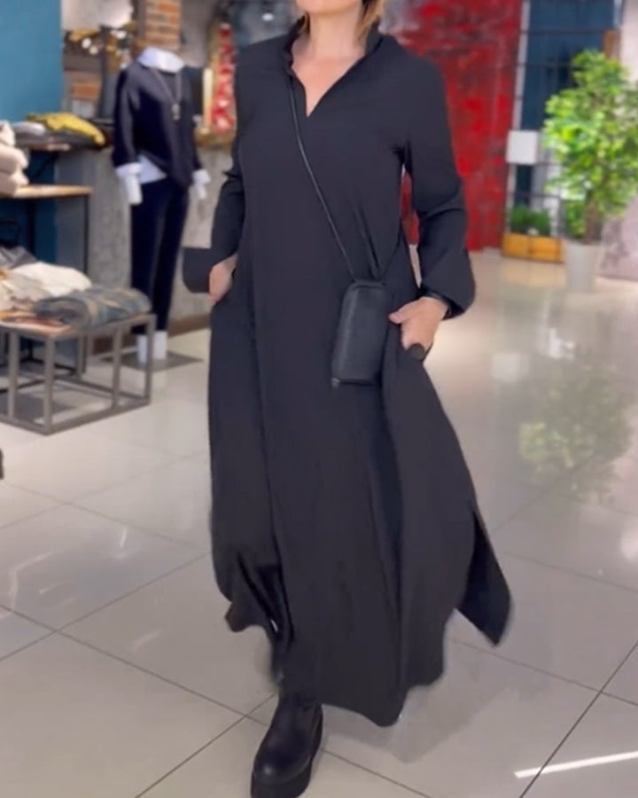 Evia™ - Loose Long Dress with Lapel and Slit