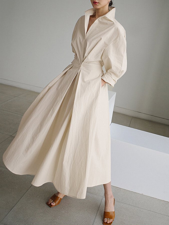 Women's Long Sleeve Formal Dress with Collar | Midi