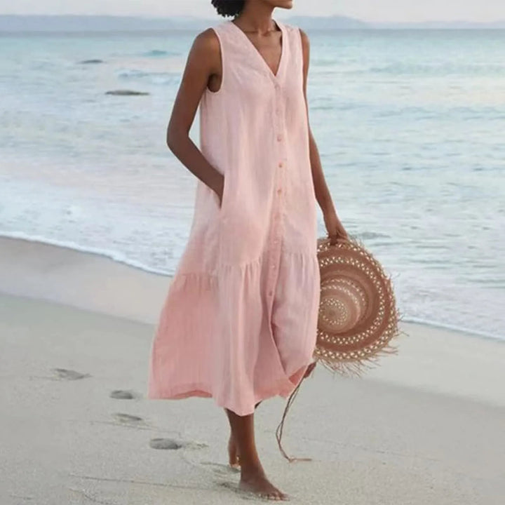 Women's Button-Down Sleeveless V-Neck Beach Dress | Midi