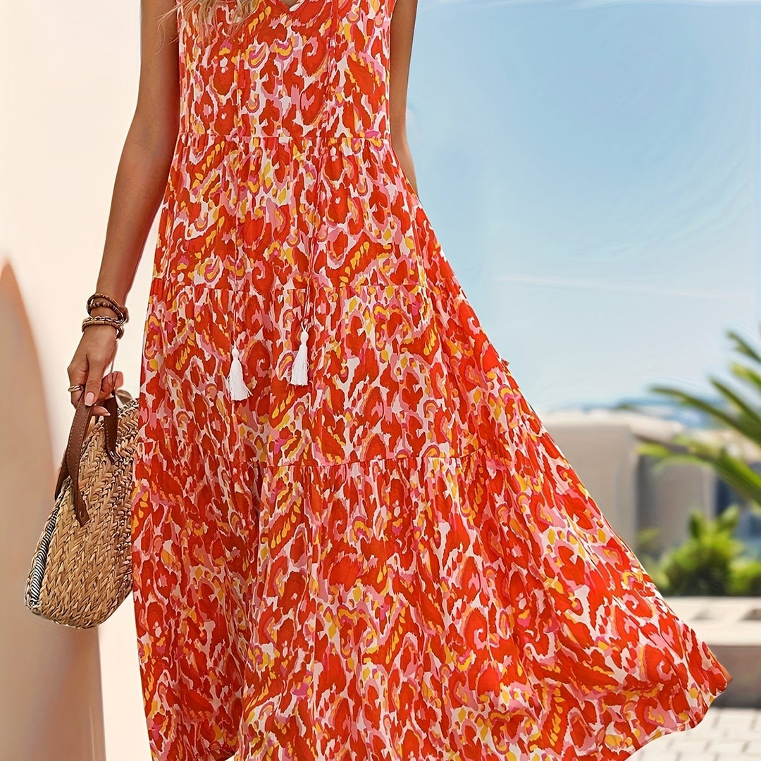 Women's Flared Tie Neck Bohemian Printed Dress