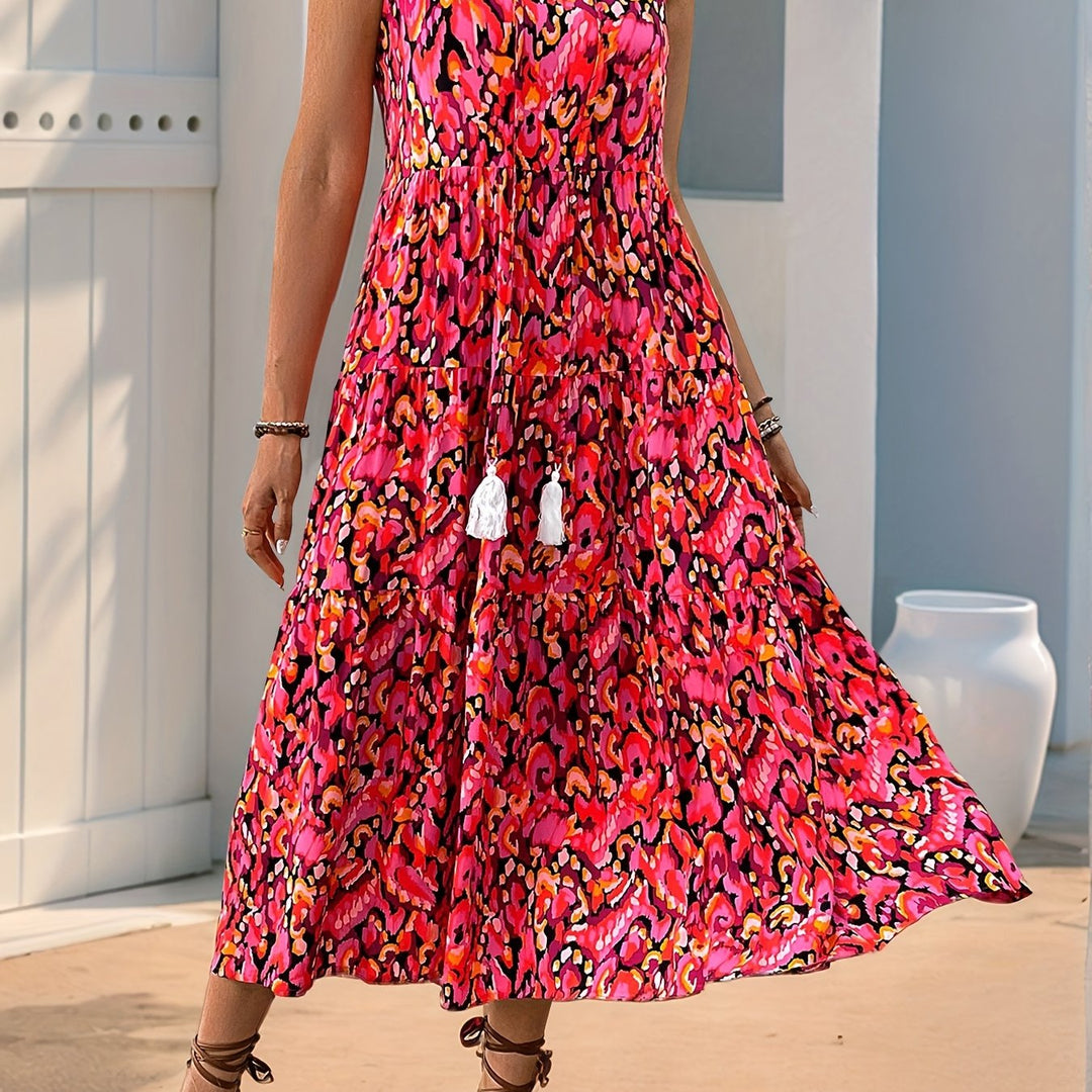 Women's Flared Tie Neck Bohemian Printed Dress