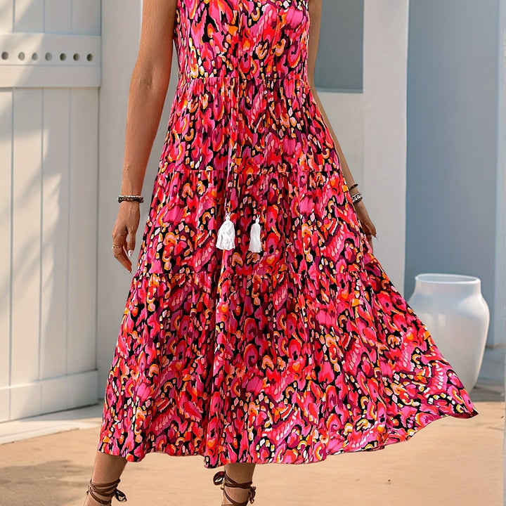Women's Flared Tie Neck Bohemian Printed Dress