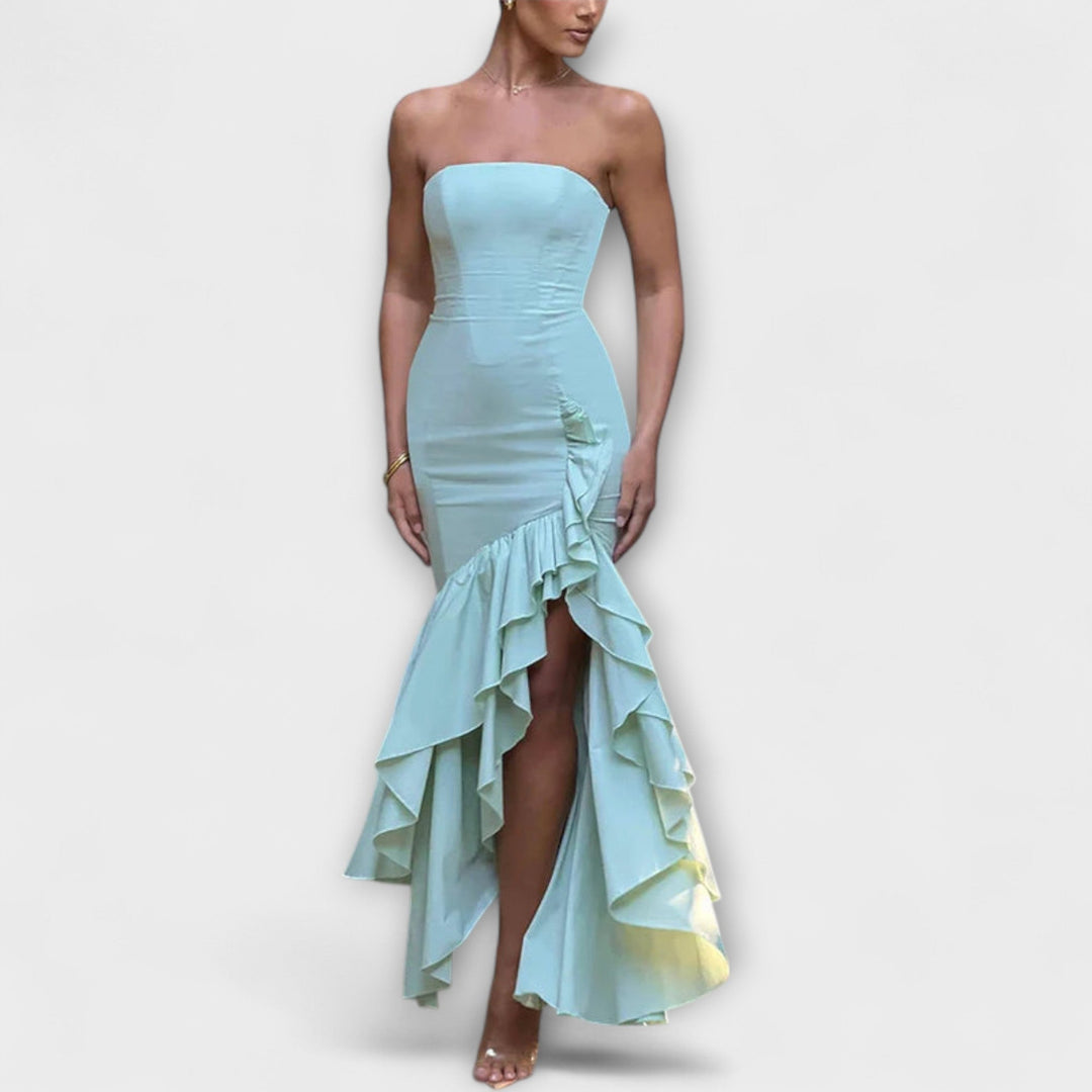 Off-Shoulder Slim Fit Maxi Dress with Asymmetrical Hem