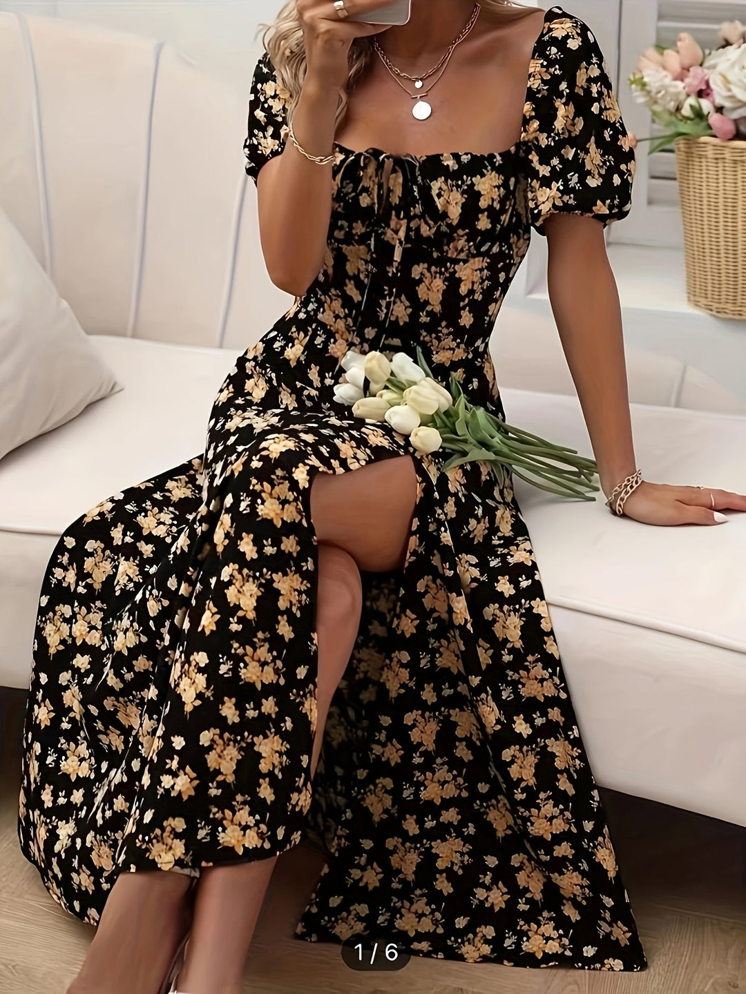 Women's Square Neck Floral Printed High Slit Dress