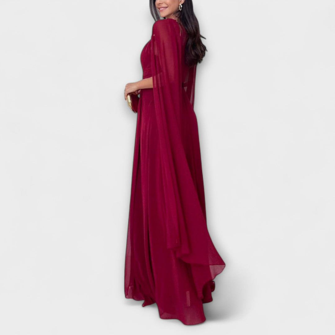 Elegant Maxi Dress with Cape Sleeves and High Slit