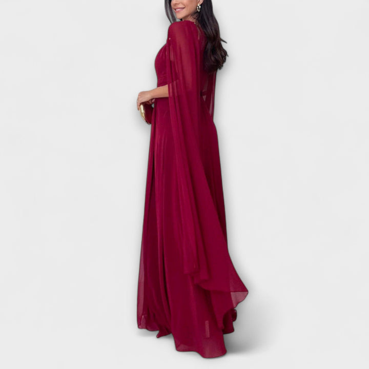 Elegant Maxi Dress with Cape Sleeves and High Slit