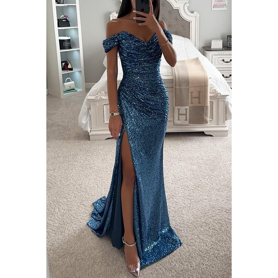 Women's Off Shoulder Wedding Guest Dress with High Slit | Maxi