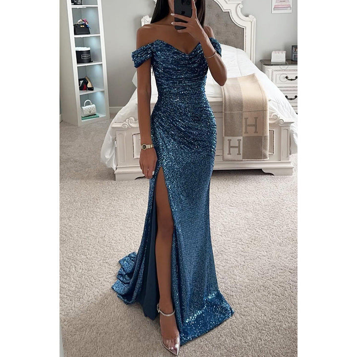 Women's Off Shoulder Wedding Guest Dress with High Slit | Maxi