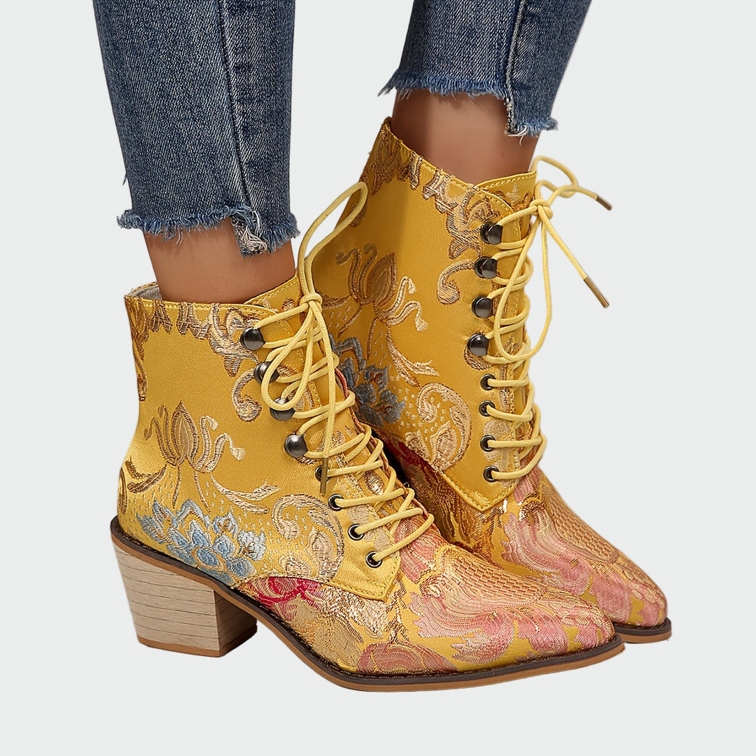 Leather Ankle Boots with Flowers