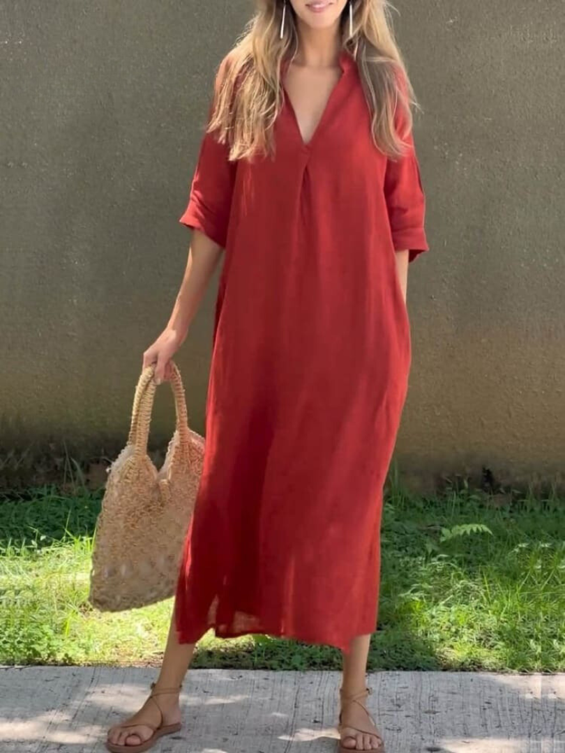 Women's Relaxed Fit 3/4 Sleeves V Neck Summer Dress | Midi