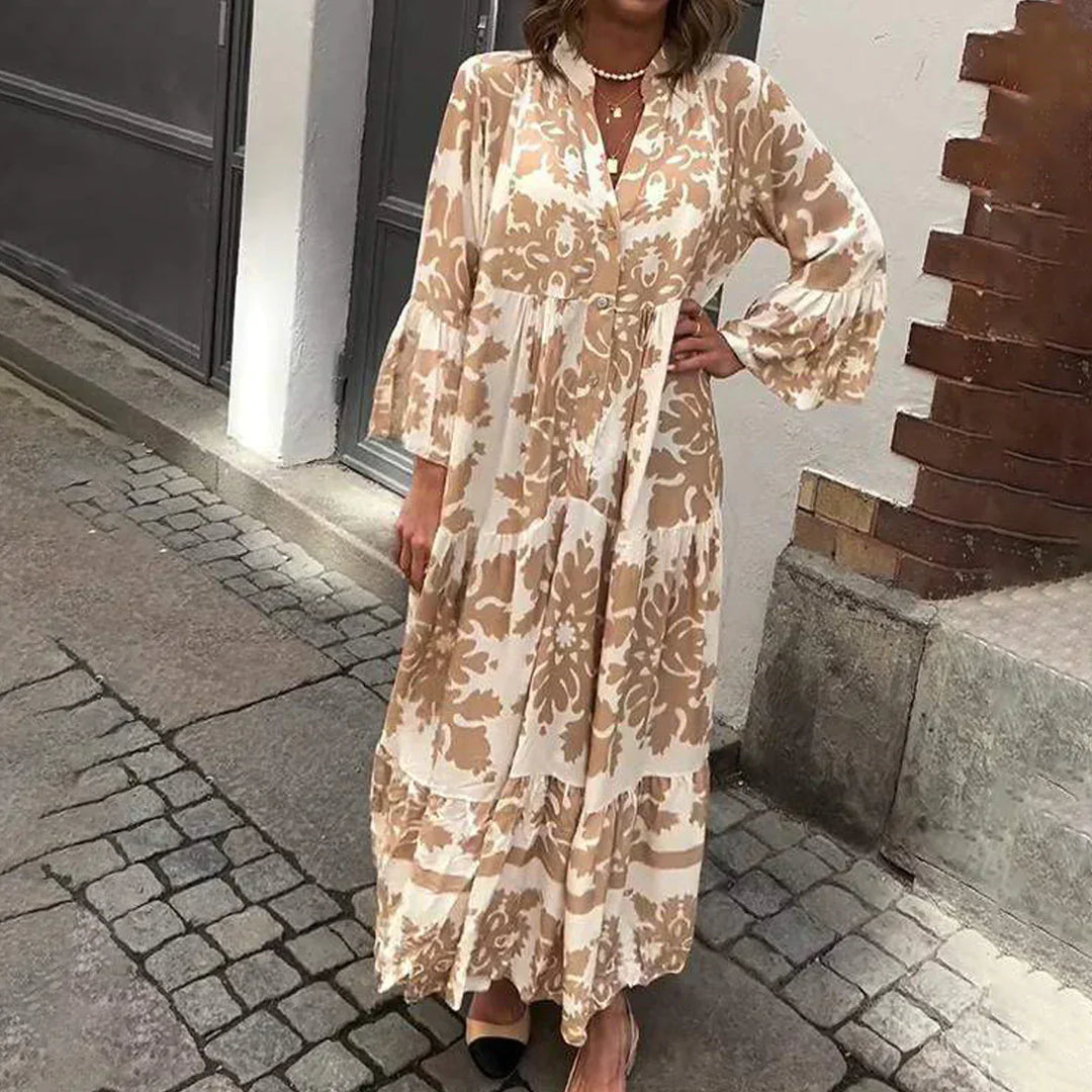 Women's Long Sleeves V-Neck Tiered Floral Dress | Maxi