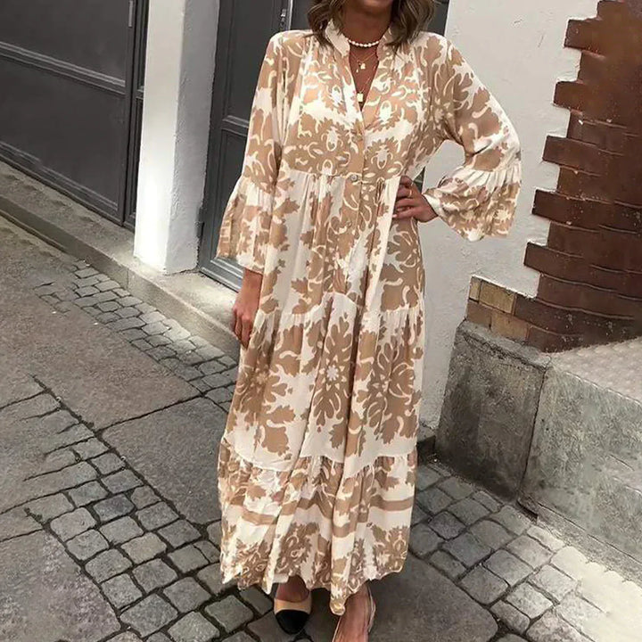 Women's Long Sleeves V-Neck Tiered Floral Dress | Maxi