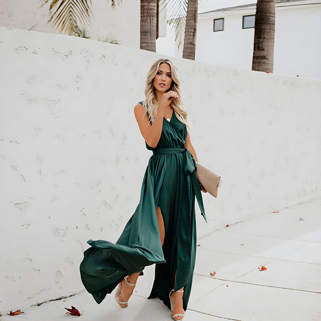 Women's Sleeveless V-Neck Wedding Guest Wrap Dress | Maxi