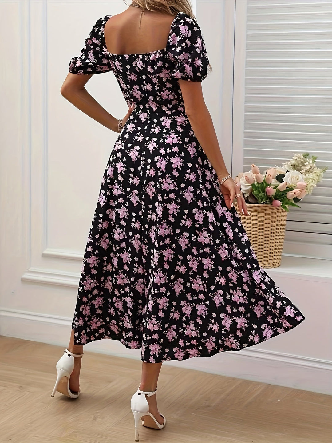 Women's Square Neck Floral Printed High Slit Dress