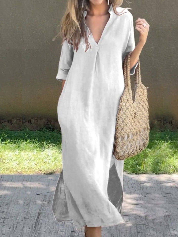Women's Relaxed Fit 3/4 Sleeves V Neck Summer Dress | Midi