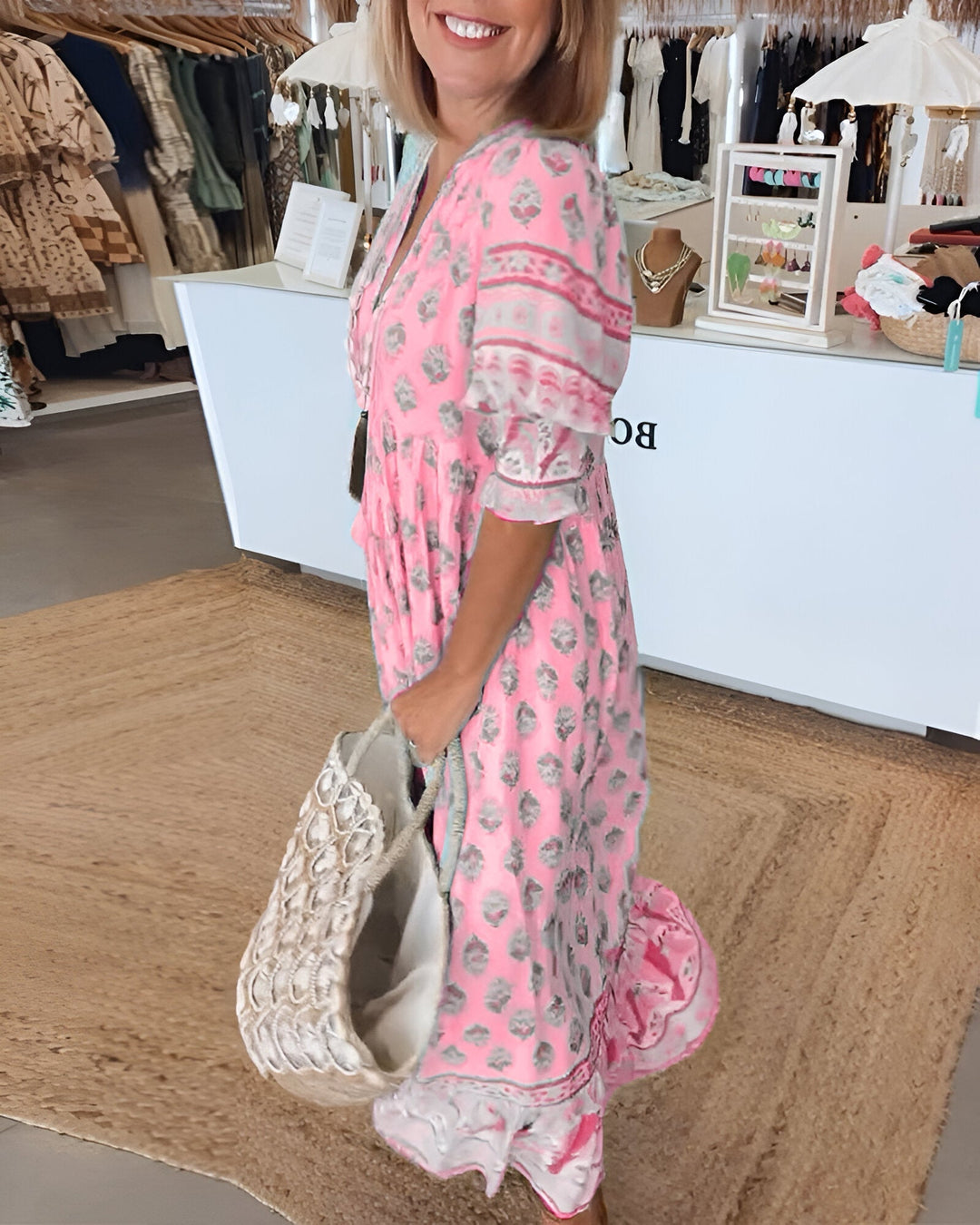 Women's V Neck 3/4 Sleeves Boho Style Dress | Maxi
