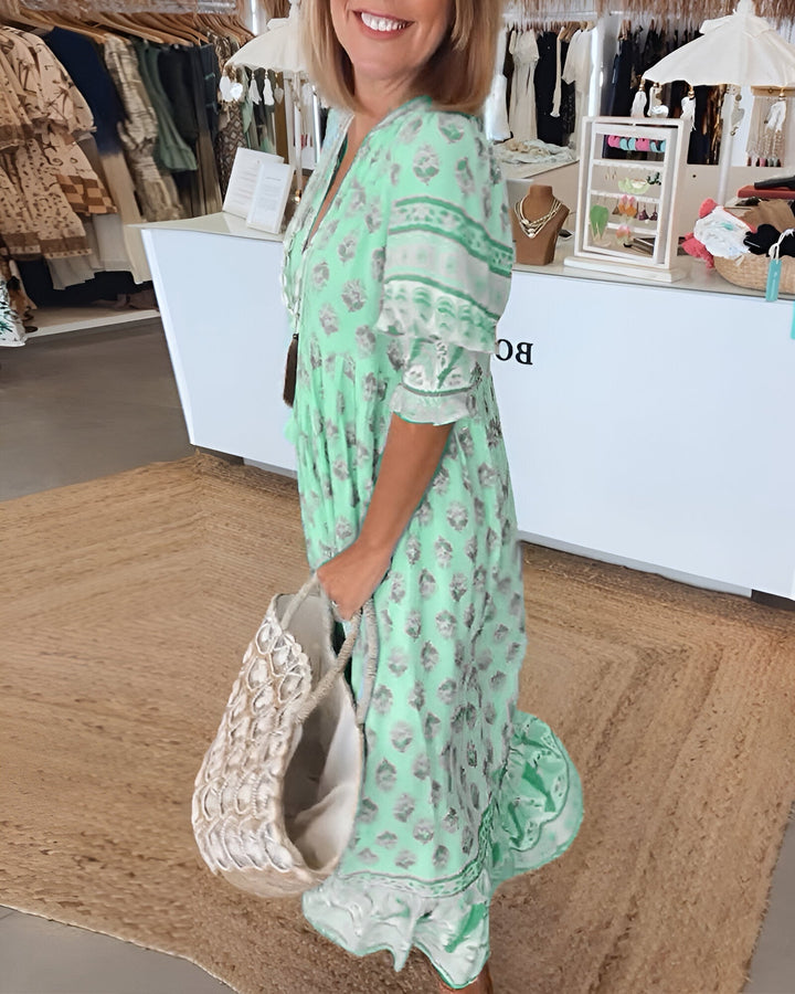 Women's V Neck 3/4 Sleeves Boho Style Dress | Maxi