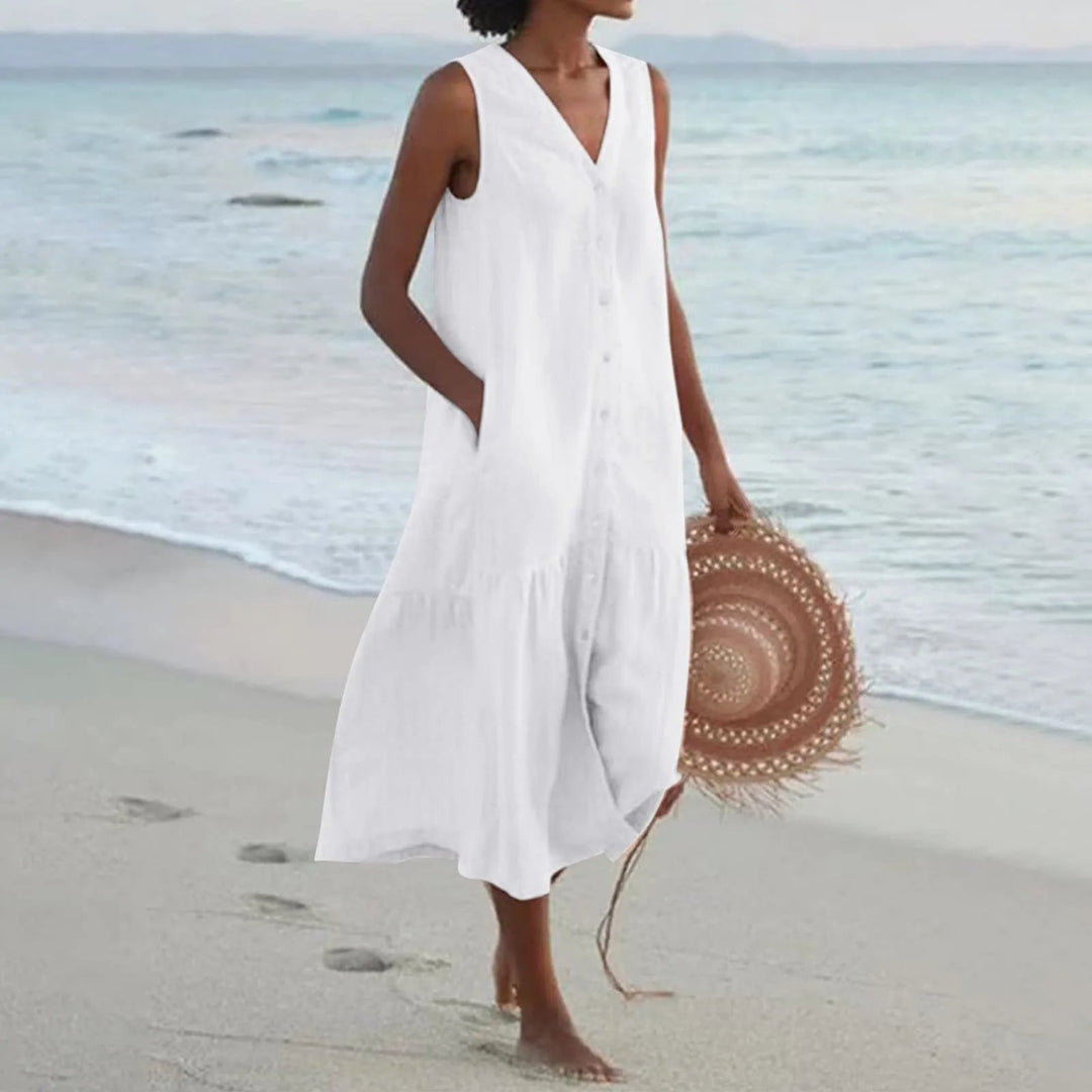 Women's Button-Down Sleeveless V-Neck Beach Dress | Midi