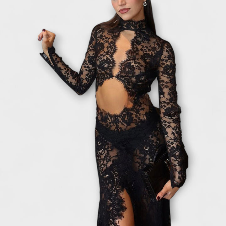 Midnight Elegance Transparent Cutout Long Sleeve Stretch Maxi Dress