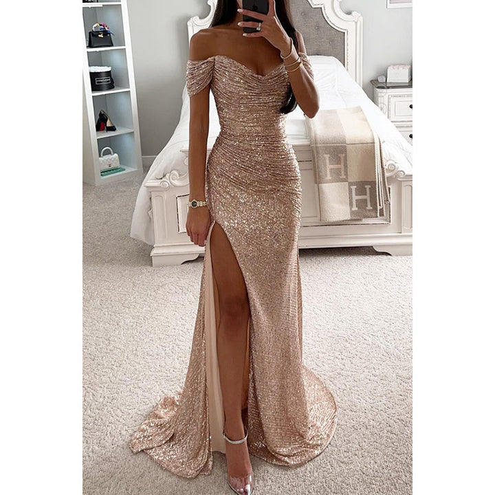 Women's Off Shoulder Wedding Guest Dress with High Slit | Maxi