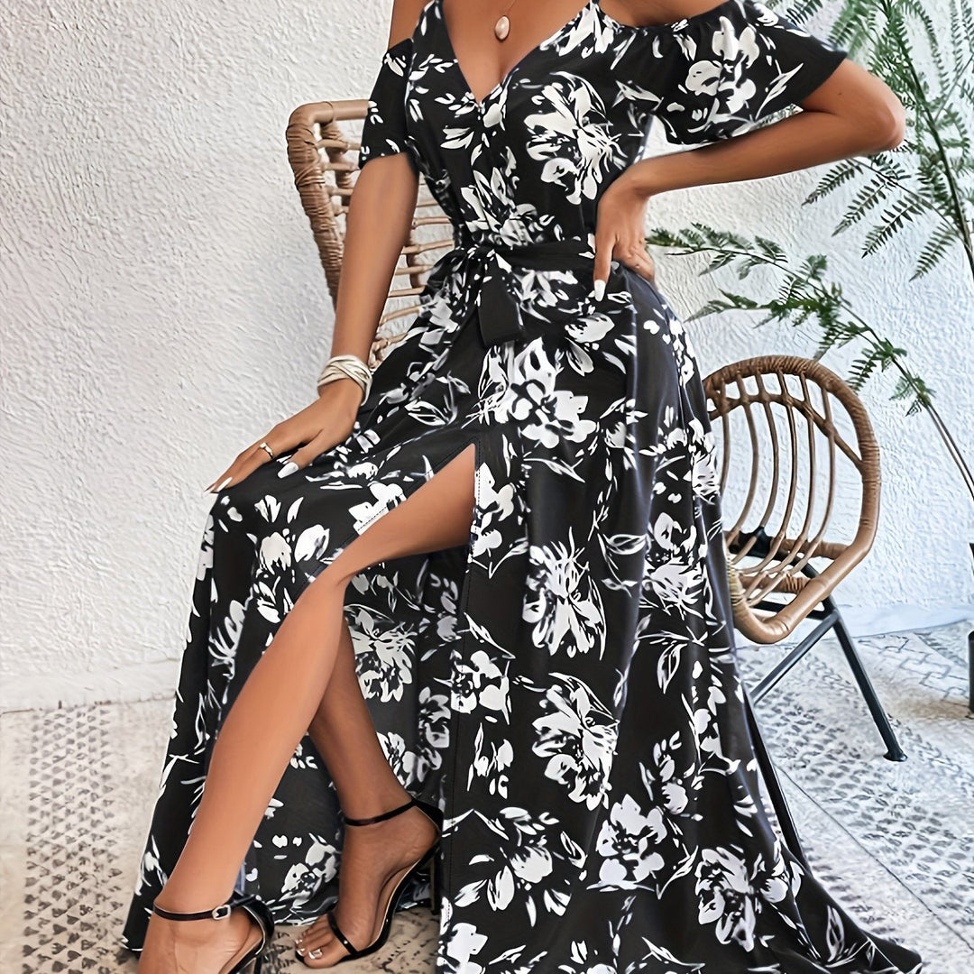 Women's Belt Waist High Slit Floral Print Dress