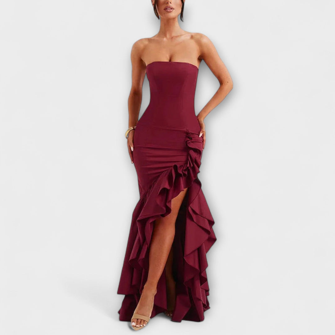 Off-Shoulder Slim Fit Maxi Dress with Asymmetrical Hem