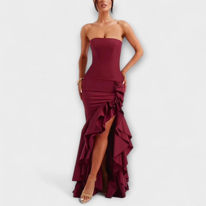 Off-Shoulder Slim Fit Maxi Dress with Asymmetrical Hem