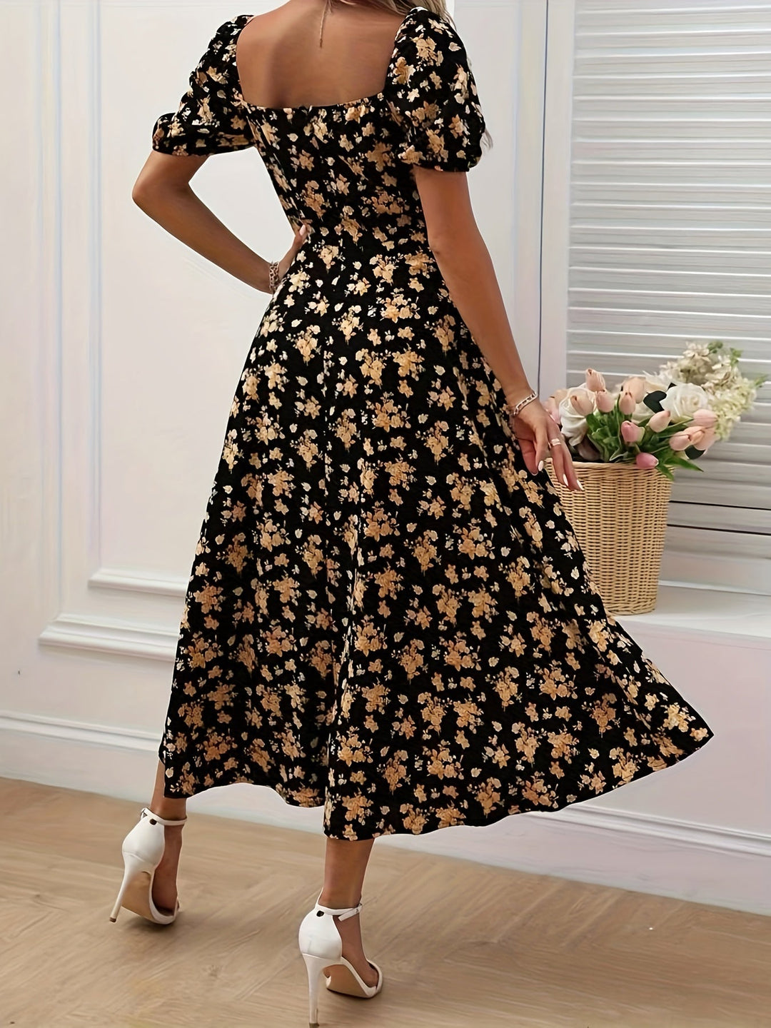 Women's Square Neck Floral Printed High Slit Dress