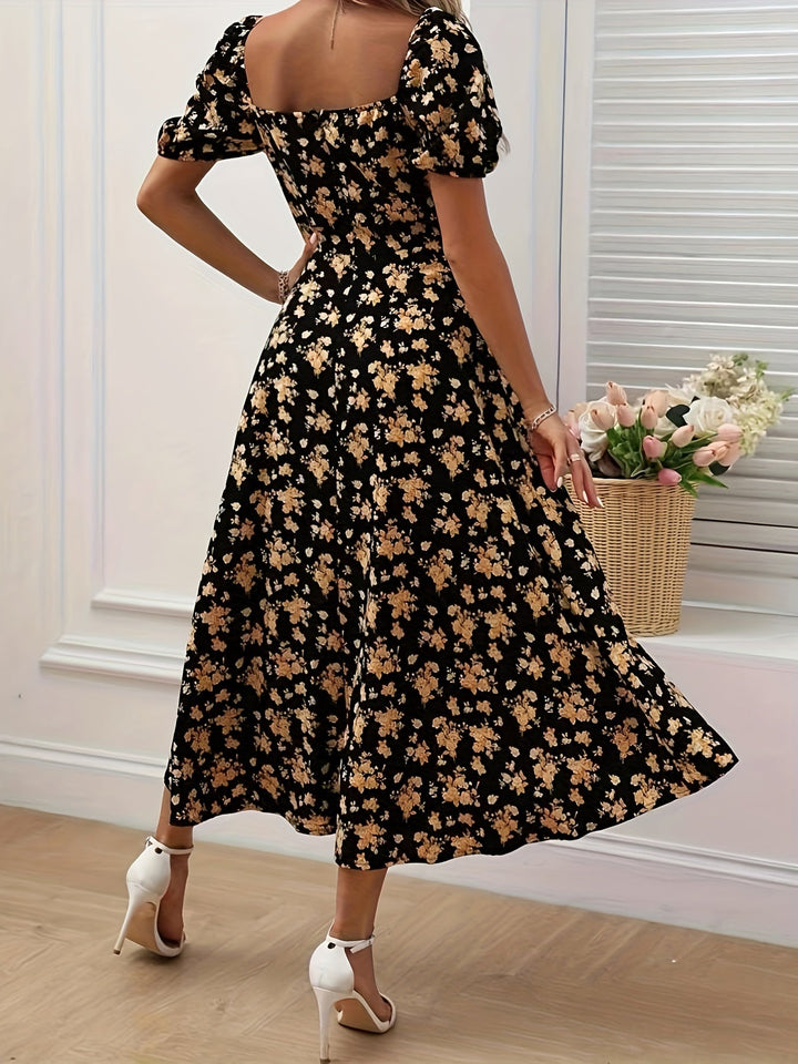 Women's Square Neck Floral Printed High Slit Dress