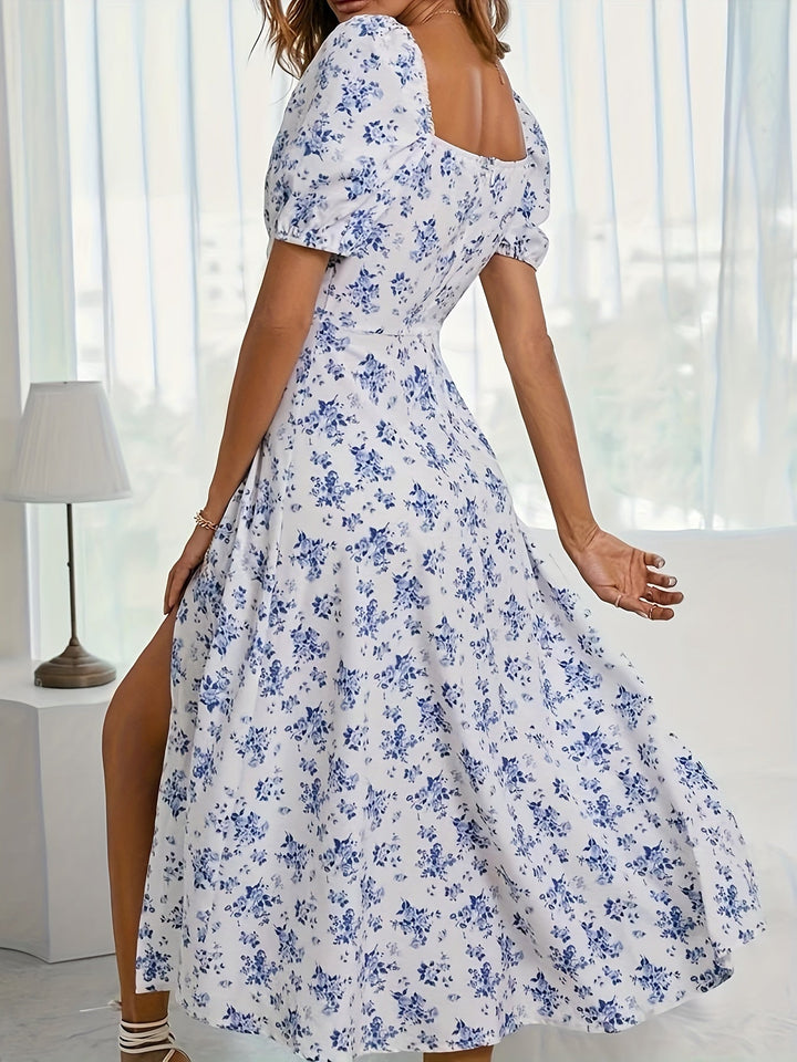 Women's Square Neck Floral Printed High Slit Dress