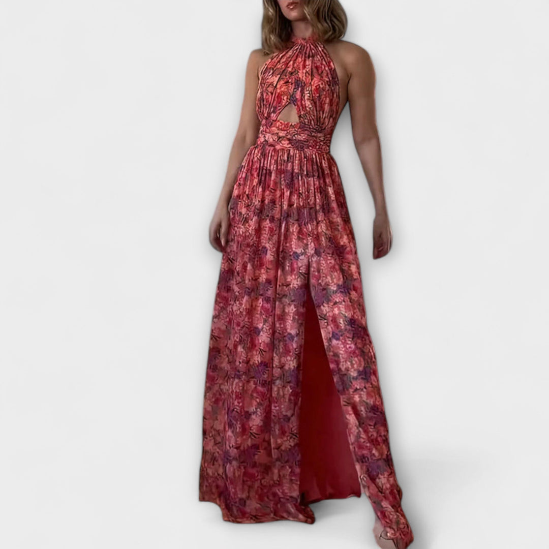 Backless Maxi Dress with Floral Pattern