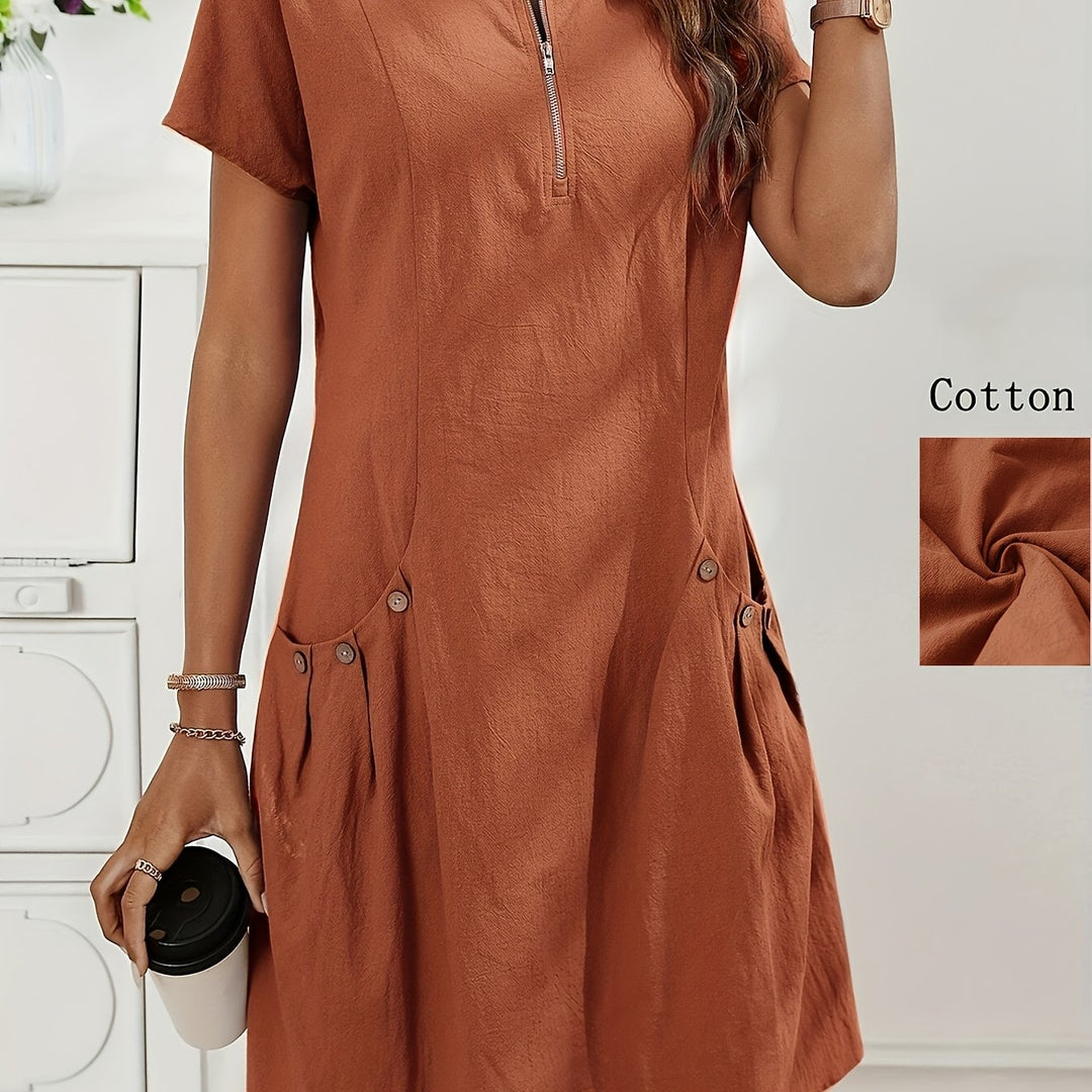 Women's Short Sleeves Zip Neck Summer Casual Dress