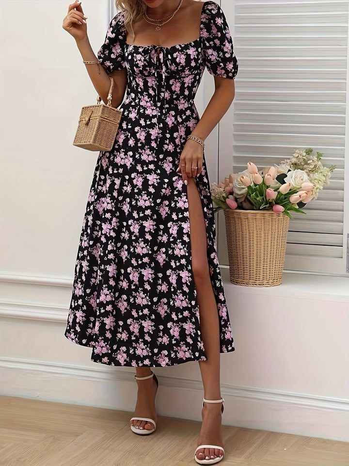 Women's Square Neck Floral Printed High Slit Dress