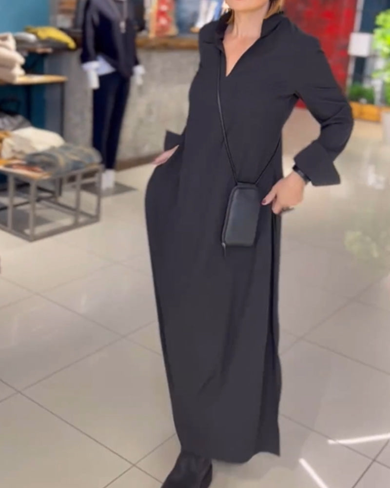 Evia™ - Loose Long Dress with Lapel and Slit