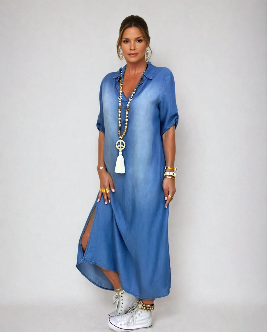 Lea | Long denim-look dress with side slit