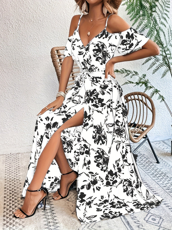 Women's Belt Waist High Slit Floral Print Dress