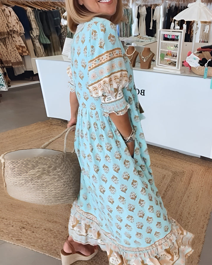 Women's V Neck 3/4 Sleeves Boho Style Dress | Maxi