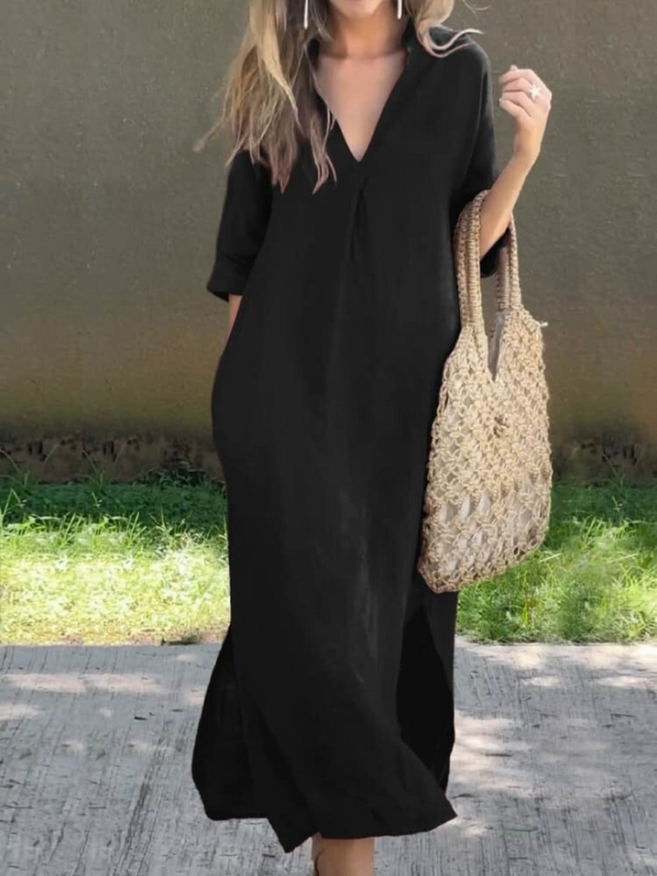 Women's Relaxed Fit 3/4 Sleeves V Neck Summer Dress | Midi