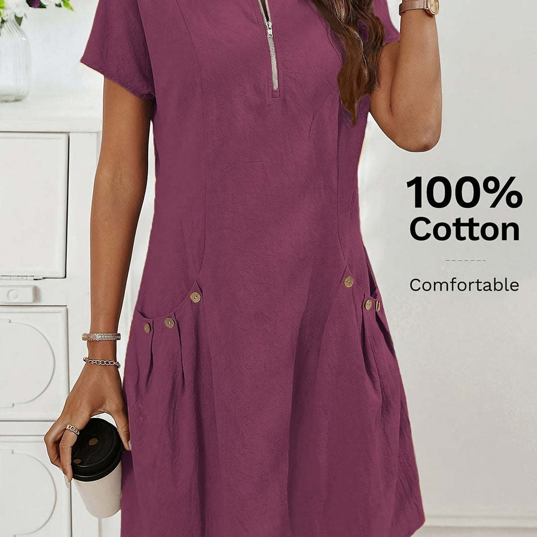 Women's Short Sleeves Zip Neck Summer Casual Dress