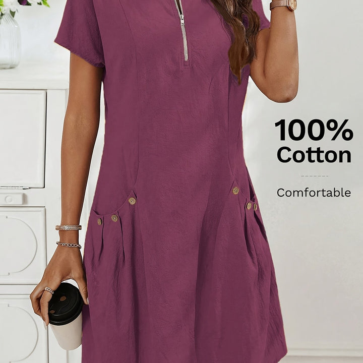 Women's Short Sleeves Zip Neck Summer Casual Dress