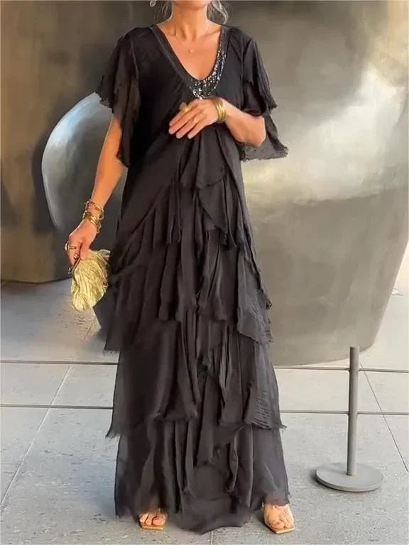Women's Short Sleeves V-Neck Tiered Ruffle Dress | Maxi